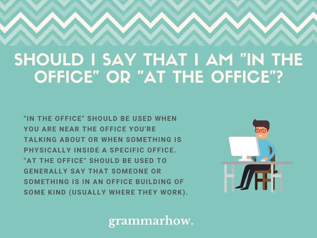 Should I Say That I Am "In The Office" Or "At The Office"?