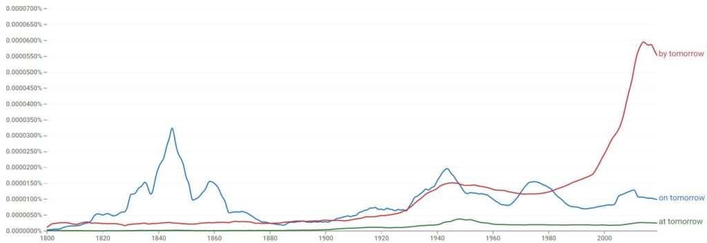 on tomorrow vs by tomorrow vs at tomorrow